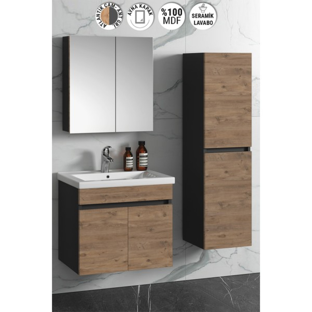 Özceden Çiğdem 65+35 cm Antrasit Gri Mat-Atlantik Çam Mdf Seramik Lavabolu Asma Banyo Dolabı Takımı - Antrasit - Atlantik Çam Banyo Dolabı / Mobilyası Fiyatı