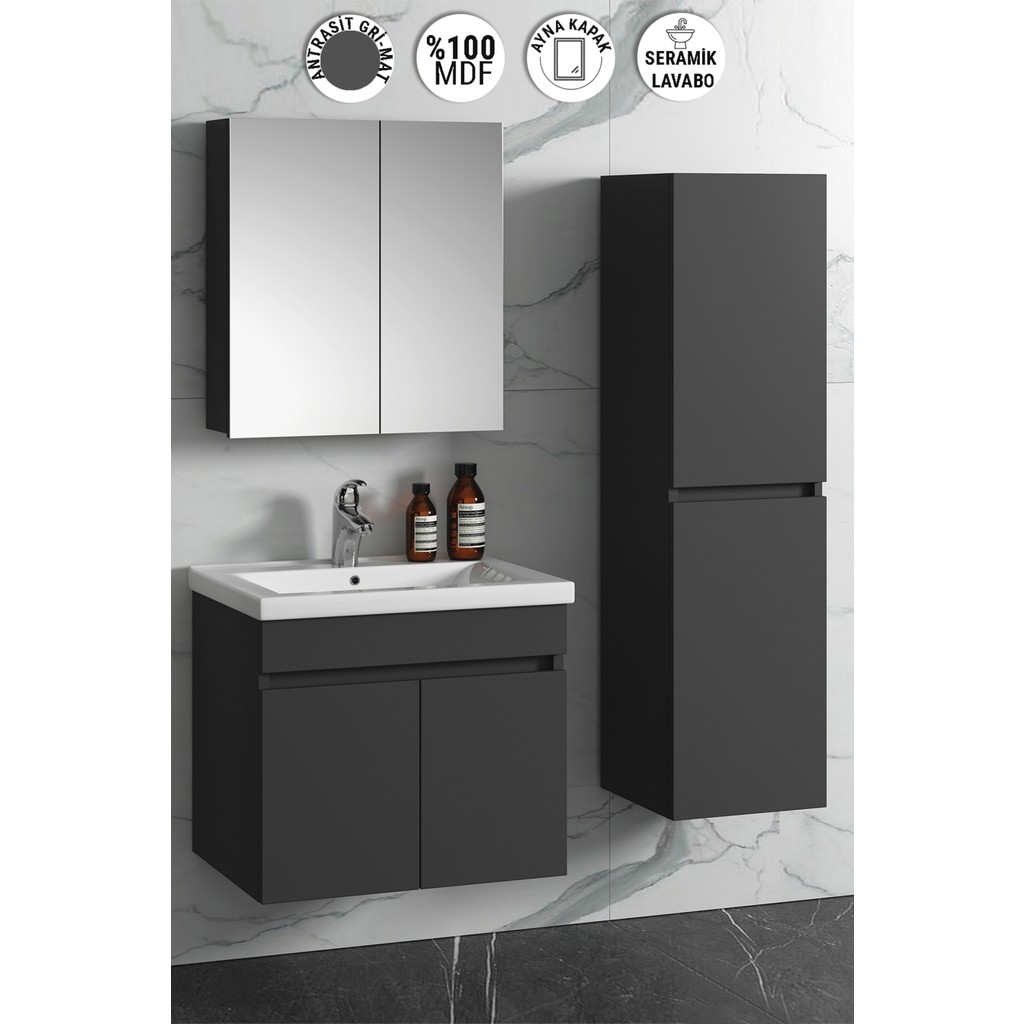 Özceden Çiğdem 65+35 cm Antrasit Gri Mat Mdf Seramik Lavabolu Sepetli Asma Banyo Dolabı Takımı Banyo Dolabı / Mobilyası Fiyatı