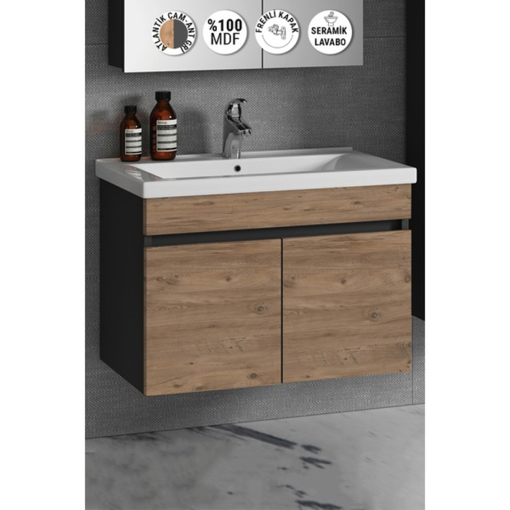 Özceden Çiğdem 80 cm Antrasit Gri Mat-Atlantik Çam Mdf Seramik Lavabolu Asma Banyo Alt Dolabı - Antrasit - Atlantik Çam Banyo Dolabı / Mobilyası Fiyatı