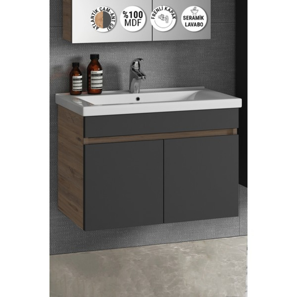 Özceden Çiğdem 80 cm Atlantik Çam-Antrasit Gri Mat Mdf Seramik Lavabolu Asma Banyo Alt Dolabı - Antrasit - Atlantik Çam Banyo Dolabı / Mobilyası Fiyatı