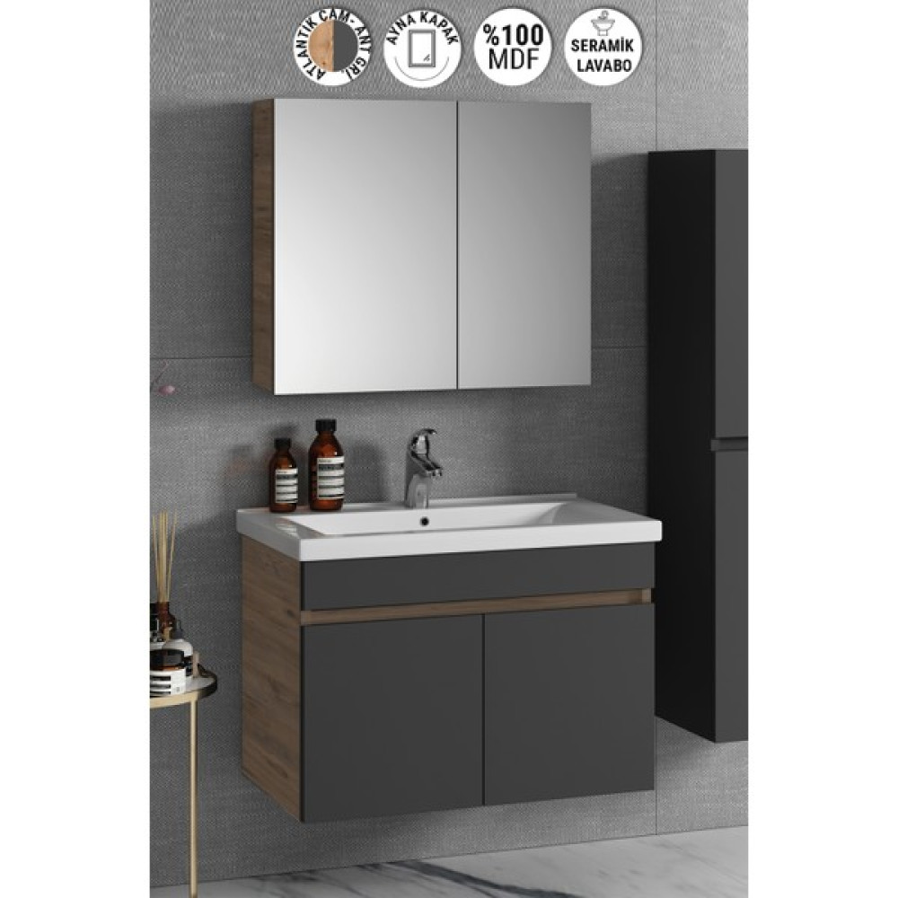 Özceden Çiğdem 80 cm Atlantik Çam-Antrasit Gri Mat Mdf Seramik Lavabolu Asma Banyo Dolabı Takımı - Atlantik Çam - Beyaz Banyo Dolabı / Mobilyası Fiyatı