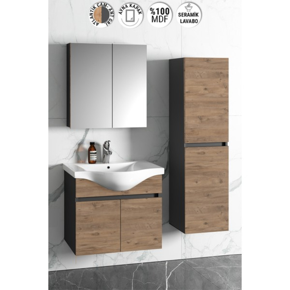 Özceden Yıldız 55+35 cm Antrasit Gri Mat-Atlantik Çam Mdf Seramik Lavabolu Asma Banyo Dolabı Takımı - Antrasit - Atlantik Çam Banyo Dolabı / Mobilyası Fiyatı