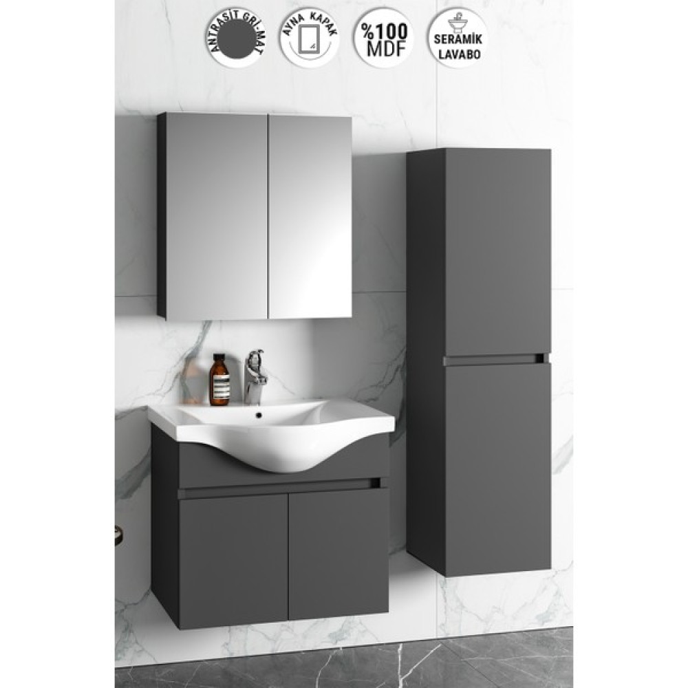 Özceden Yıldız 65+35 cm Antrasit Gri Mat Mdf Seramik Lavabolu Sepetli Asma Banyo Dolabı Takımı Banyo Dolabı / Mobilyası Fiyatı