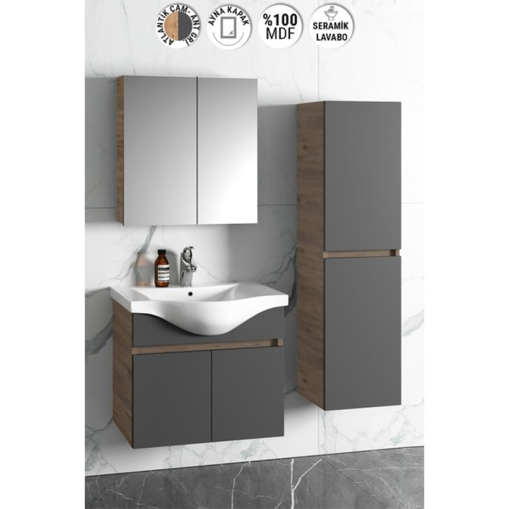 Özceden Yıldız 65+35 cm Atlantik Çam-Antrasit Gri Mat Mdf Seramik Lavabolu Asma Banyo Dolabı Takımı - Antrasit - Atlantik Çam Banyo Dolabı / Mobilyası Fiyatı