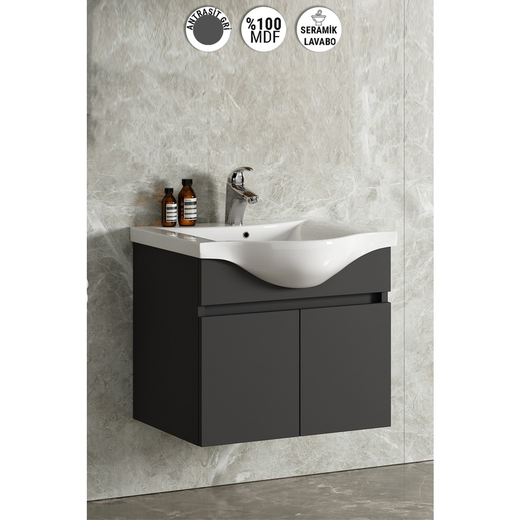 Özceden Yıldız 65CM Komple Antrasit Gri Mat Renkli Mdf Alt Dolap ve Lavabo Taşı Diğer Fiyatı