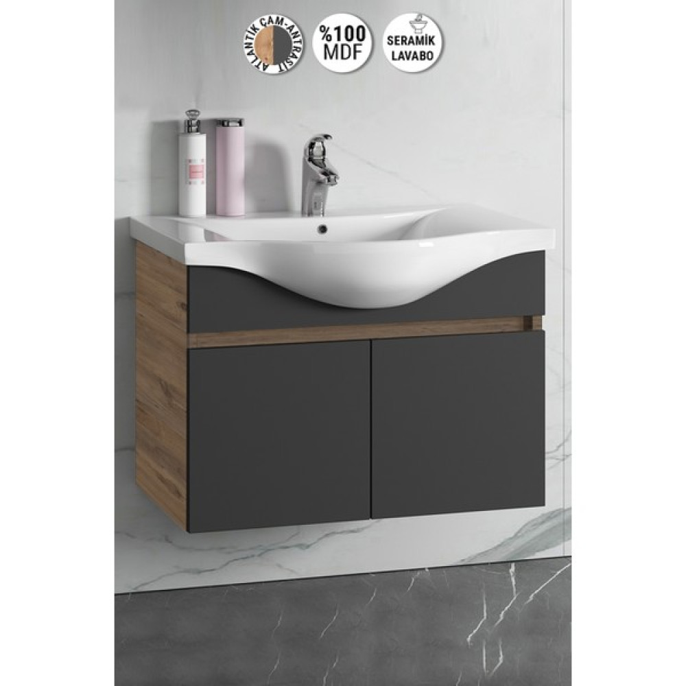 Özceden Yıldız 80 cm Atlantik Çam-Antrasit Gri Mat Mdf Seramik Lavabolu Asma Banyo Alt Dolabı - Antrasit - Atlantik Çam Banyo Dolabı / Mobilyası Fiyatı