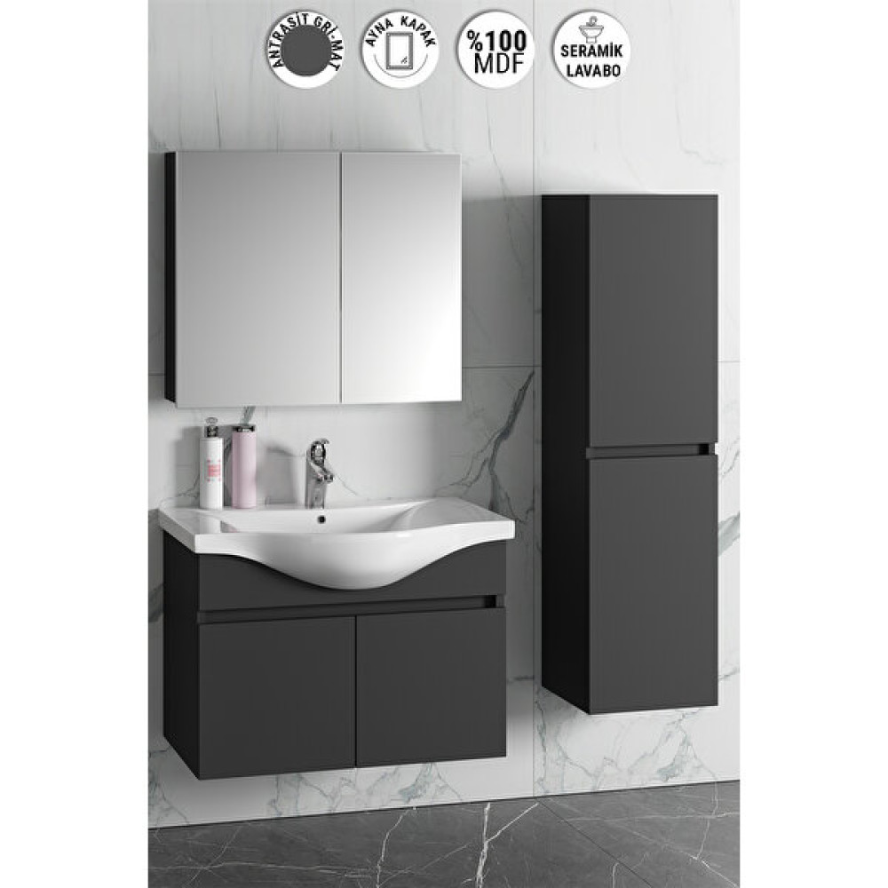 Özceden Yıldız 80+35 cm Antrasit Gri Mat Mdf Seramik Lavabolu Sepetli Asma Banyo Dolabı Takımı Banyo Dolabı / Mobilyası Fiyatı