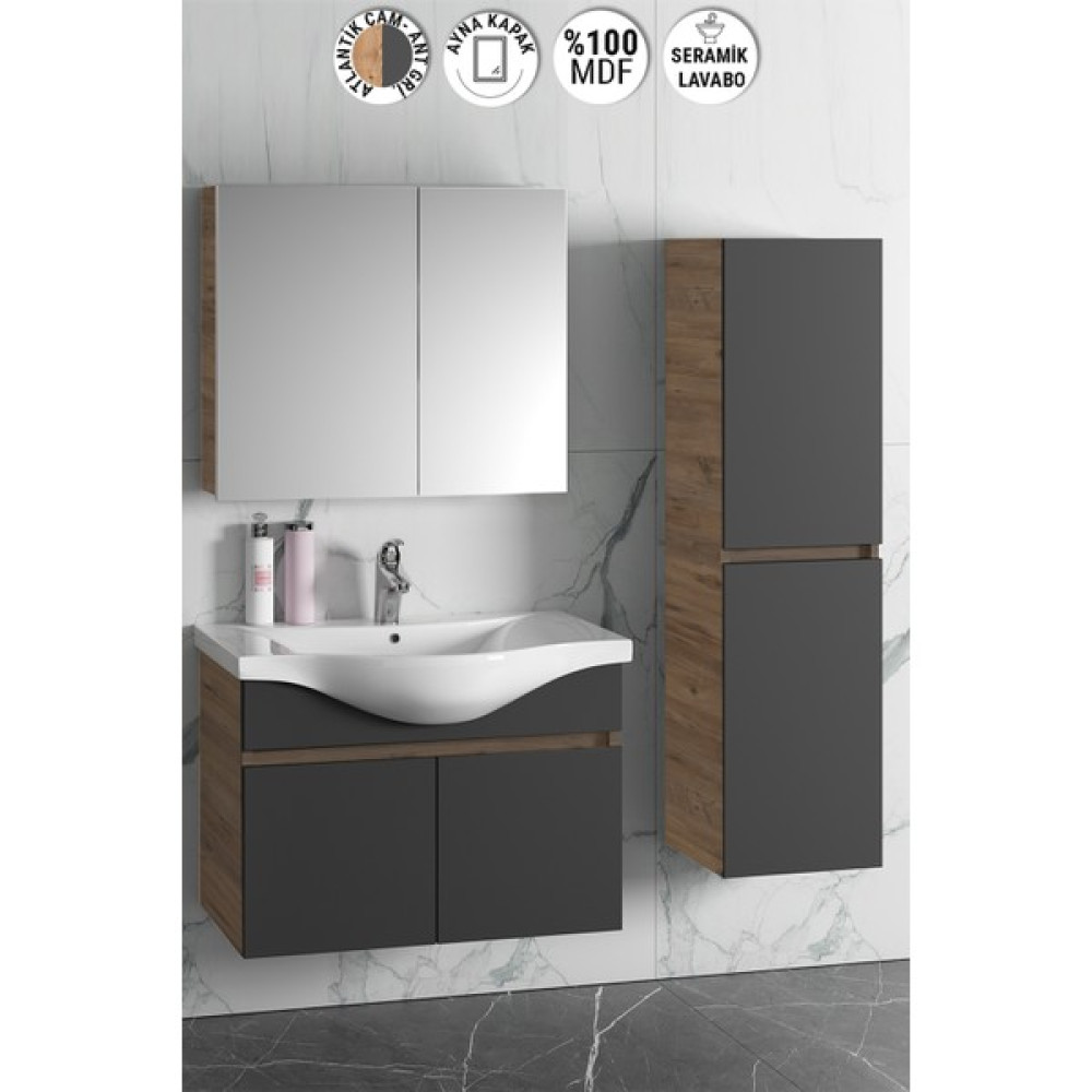 Özceden Yıldız 80+35 cm Atlantik Çam-Antrasit Gri Mat Mdf Seramik Lavabolu Asma Banyo Dolabı Takımı - Antrasit - Atlantik Çam Banyo Dolabı / Mobilyası Fiyatı