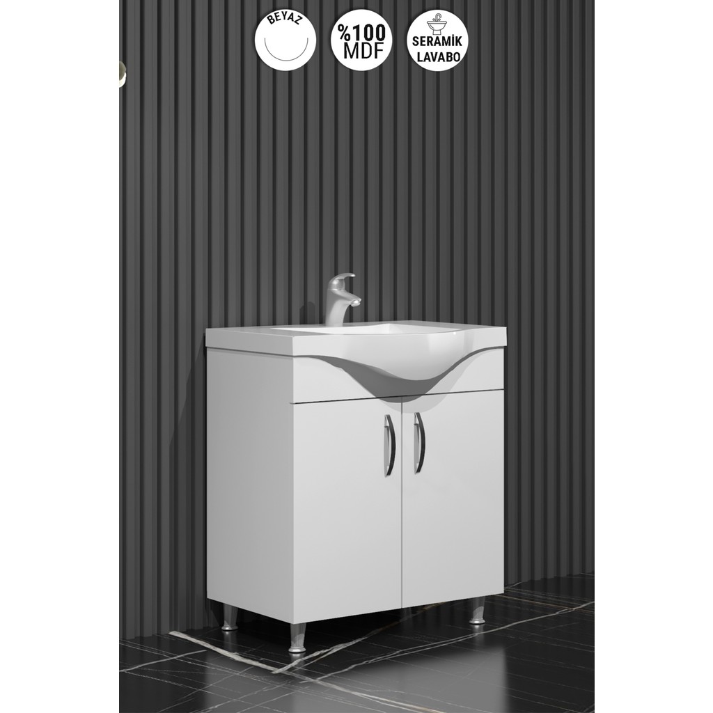 Özceden Yıldız Banyo Dolabı 65 cm Ayaklı Beyaz Mdf Alt Modül ve Lavabo Banyo Dolabı / Mobilyası Fiyatı