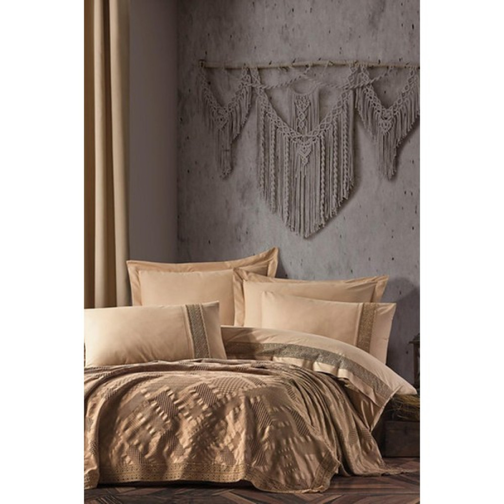 Özdilek Tiara Gelin Seti (7 Parça)-Cappucino - 200 x 220 cm - Açık Bej Yatak Örtüsü Fiyatı