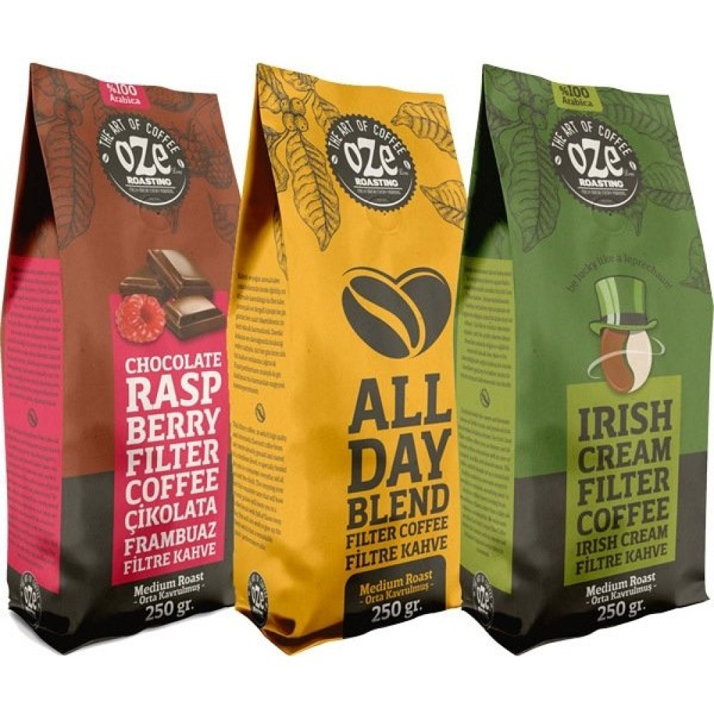 Oze Aromalı Filtre Kahve Tanışma Seti Irish Cream, All Day Blend, Çikolata Frambuaz 3'lü 250G - Çekirdek (Öğütülmemiş) Kahve Fiyatı