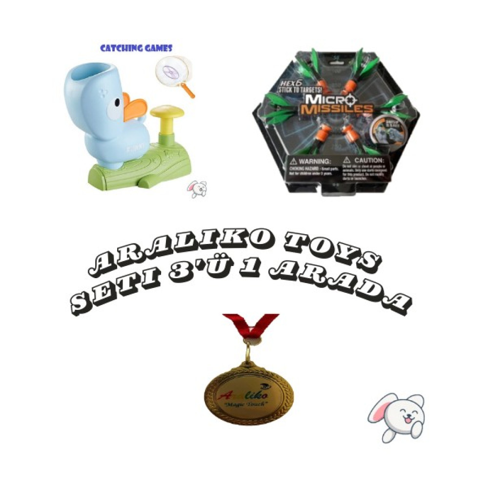 Özel Araliko Toys Seti 3'ü 1 Arada (Catching Games Mavi Köpek Uçan Disk Yakalama Oyunu +Micro Missiles Parmak Sapanı 6'lı Hex6 +Araliko Madalyası) Eğitici Oyuncak Fiyatı