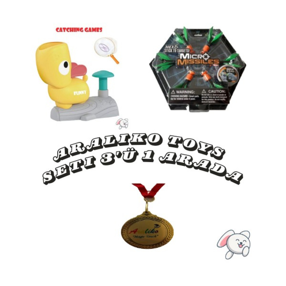Özel Araliko Toys Seti 3'ü 1 Arada (Catching Games Sarı Köpek Uçan Disk Yakalama + Micro Missiles Parmak Sapanı 6'lı Hex6 + Araliko Madalyası) Eğitici Oyuncak Fiyatı