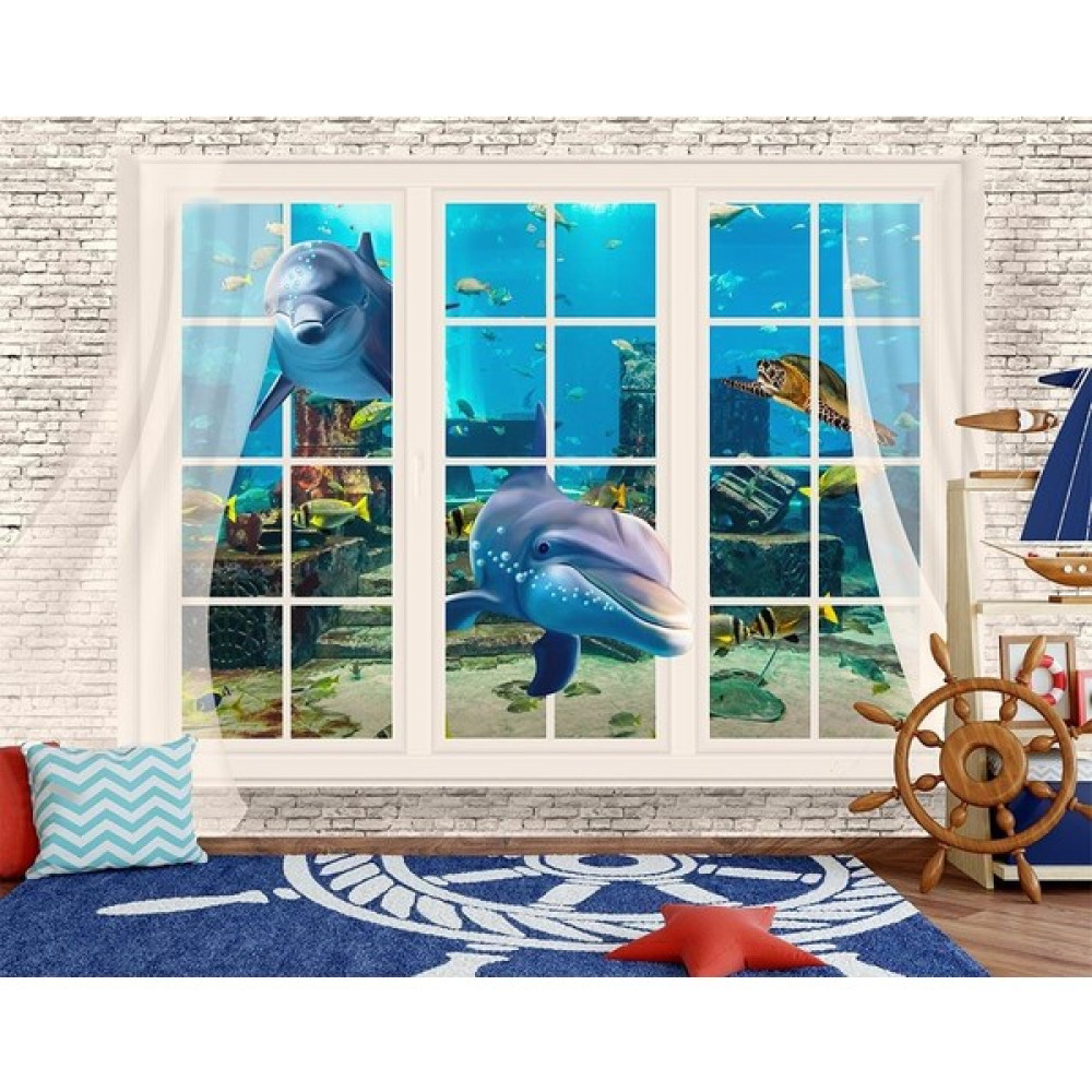 Özen Duvar Kağıdı 3 Boyutlu Pencereden Çıkan Yunus Balığı Duvar Kağıdı - 420 x 250 cm Duvar Kağıdı Fiyatı
