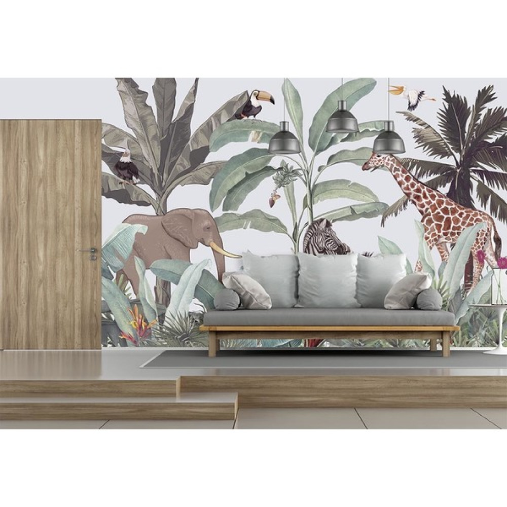 Özen Duvar Kağıdı Tropikal Ormanda Fil Zürafa Zebra Duvar Kağıdı - 400 x 250 cm Duvar Kağıdı Fiyatı