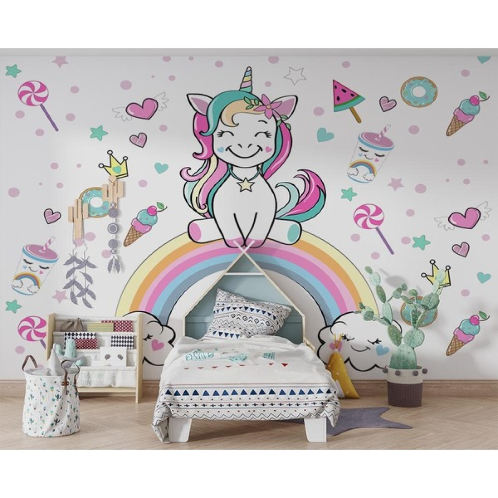 Özen Duvar Kağıdı Unicorn Gökkuşağı Çocuk Odası Duvar Kağıdı - Renkli - 350 x 230 cm Duvar Kağıdı Fiyatı