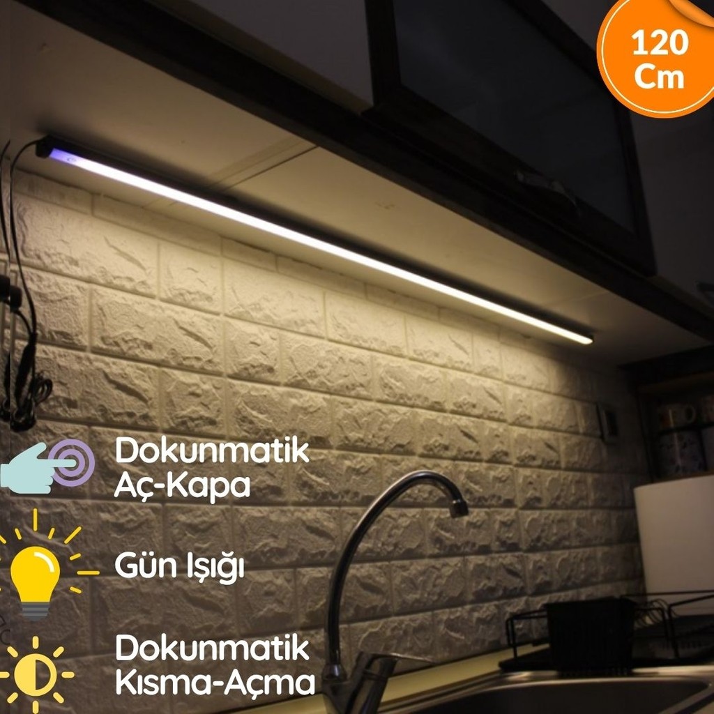Özer Light 120 cm Dokunmatik Mutfak Tezgah Üstü LED Işık Dimli Gün Işığı Siyah Alüminyum Kasa (3000K) - Sarı Diğer Fiyatı