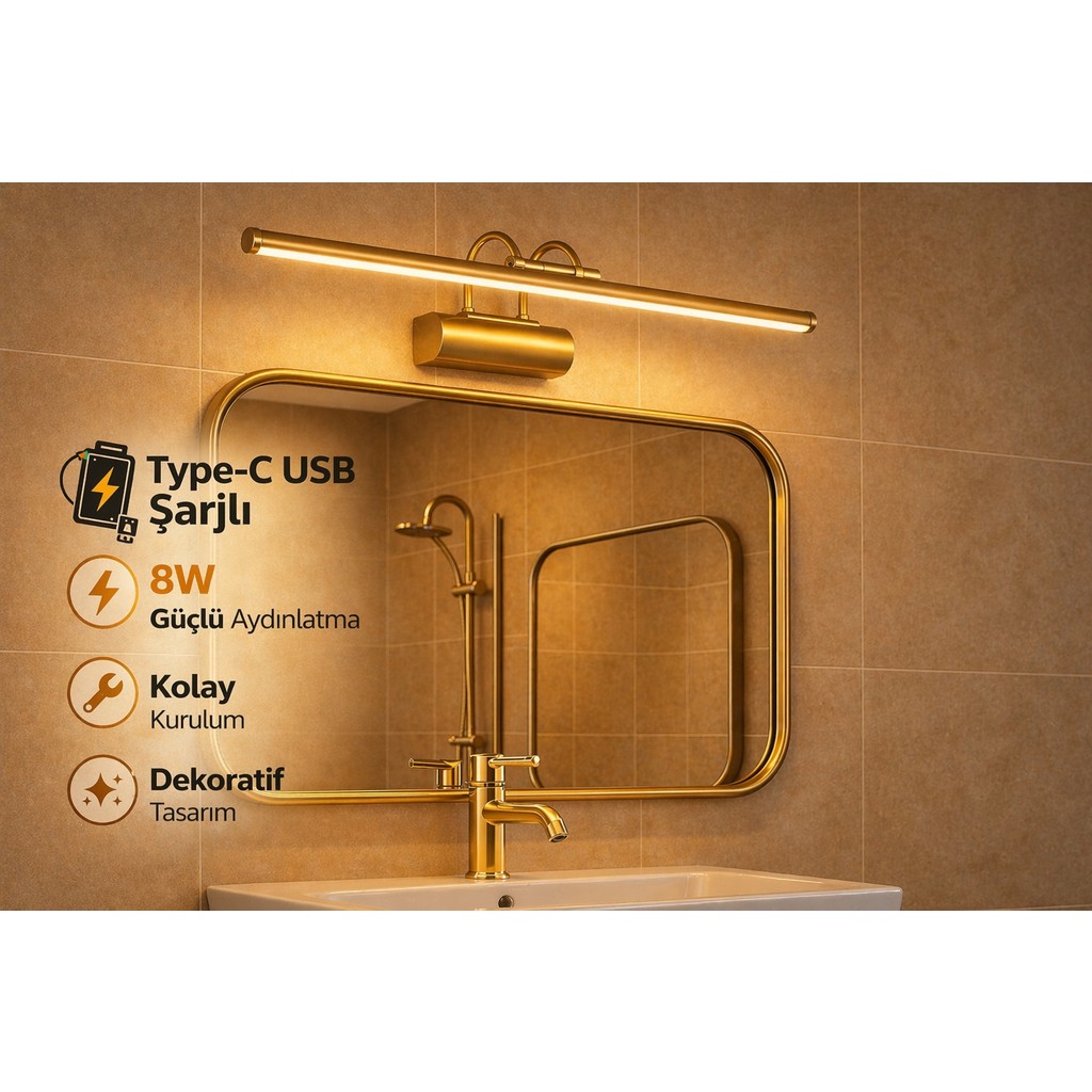 Özer Light 50CM / USB Sarjlı Resim / Tablo / Ayna Üstü / Banyo / Ledli Aplik Flüt 3000K Günışığı - Altın Diğer Fiyatı