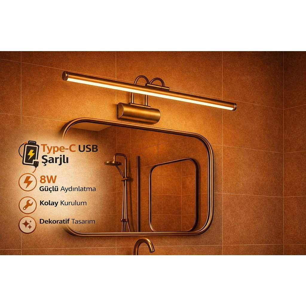 Özer Light 50CM / USB Sarjlı Resim / Tablo / Ayna Üstü / Banyo / Ledli Aplik Flüt 3000K Günışığı - Eskitme Diğer Fiyatı
