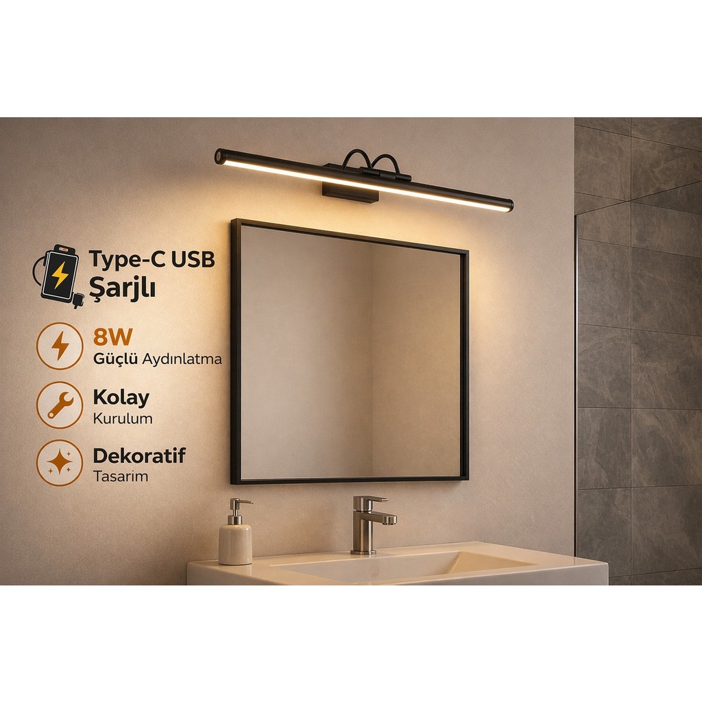 Özer Light 50CM / USB Sarjlı Resim / Tablo / Ayna Üstü / Banyo / Ledli Aplik Flüt 3000K Günışığı - Siyah Diğer Fiyatı