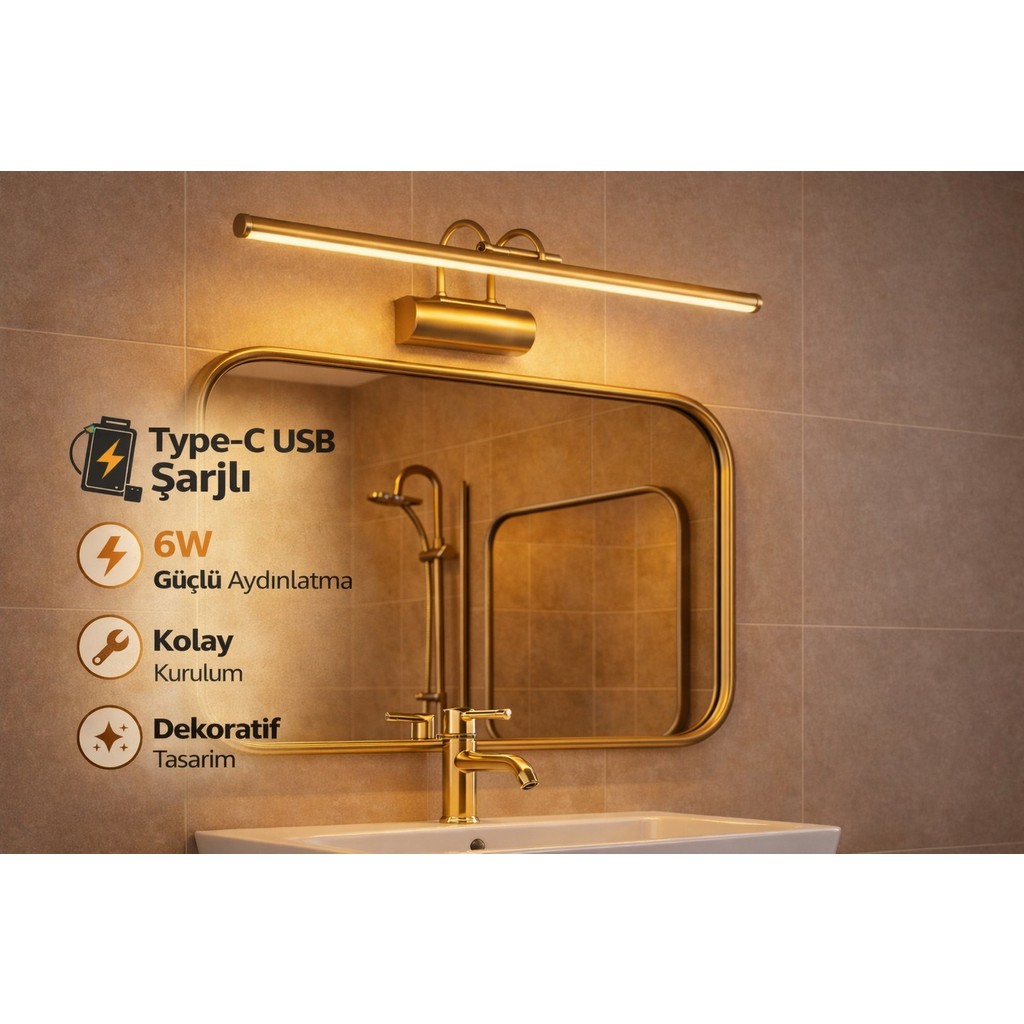 Özer Light Gold USB Sarjlı Resim,tablo, Ayna Üstü Banyo Ledli Aplik Flüt Aplik 3000K Günışığı - Altın - 3200K GÜN IŞIK Diğer Fiyatı