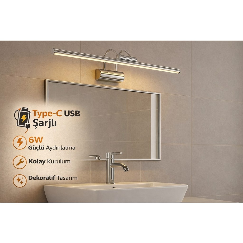 Özer Light Krom USB Sarjlı Resim,tablo, Ayna Üstü Banyo Ledli Aplik Flüt Aplik 3000K Günışığı - 3200K GÜN IŞIK Diğer Fiyatı