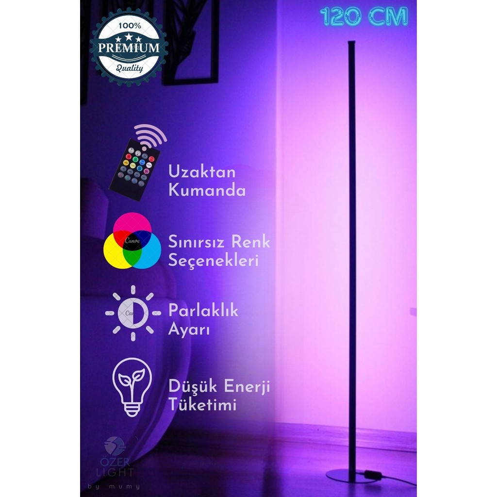 Özer Light Premium Köşe Dekoratif LED Lambader 120 cm - Rgb Kumandalı 16 Renk Ayaklı Lambader - KUMANDALI Diğer Fiyatı
