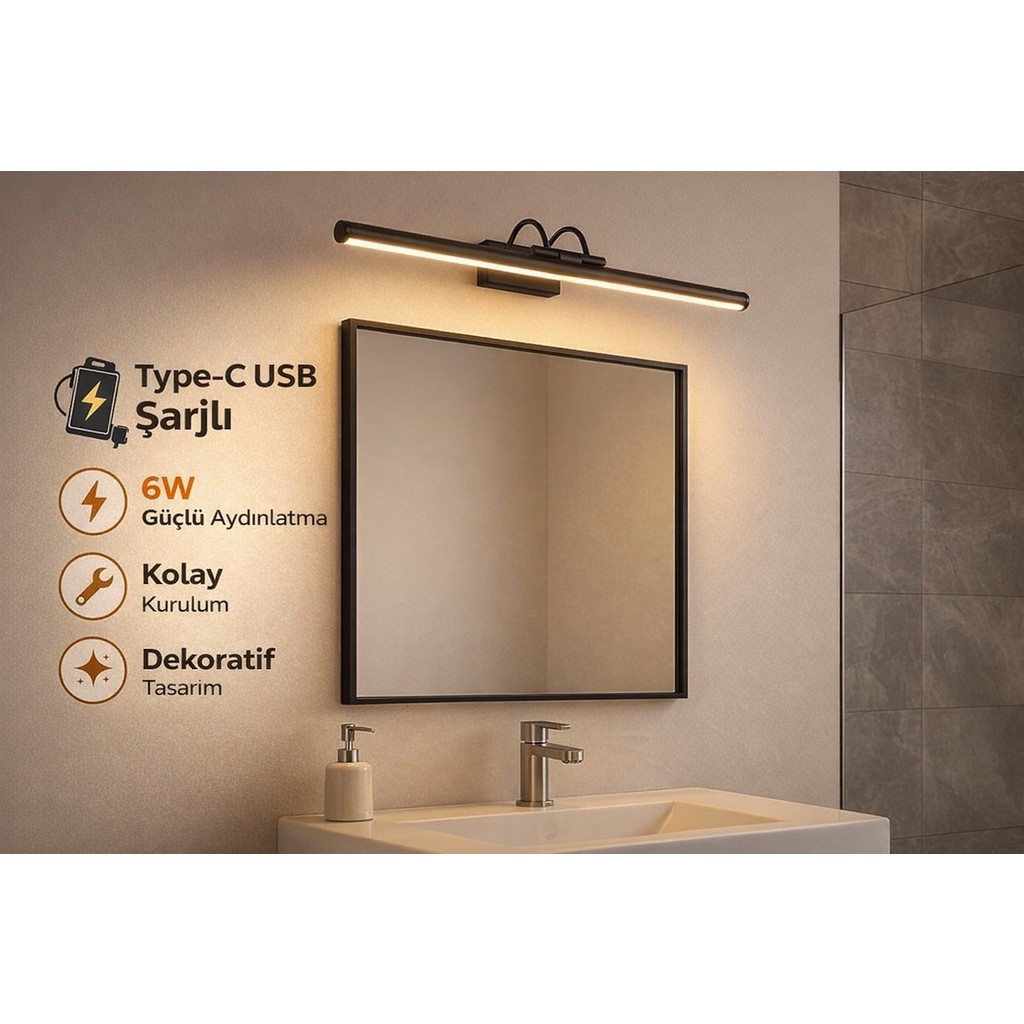 Özer Light Siyah USB Sarjlı Resim,tablo, Ayna Üstü Banyo Ledli Aplik Flüt Aplik 3000K Günışığı - 3200K GÜN IŞIK Diğer Fiyatı