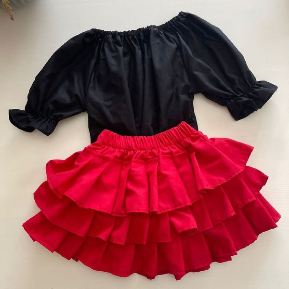 Özge Başaran Kız Çocuk, Kırmızı Fırfırlı Etek, Balon Kol Siyah Bluz, Kırmızı Bandana Set. 7 Yaş, Kız Çocuk Giyim Takımı Fiyatı