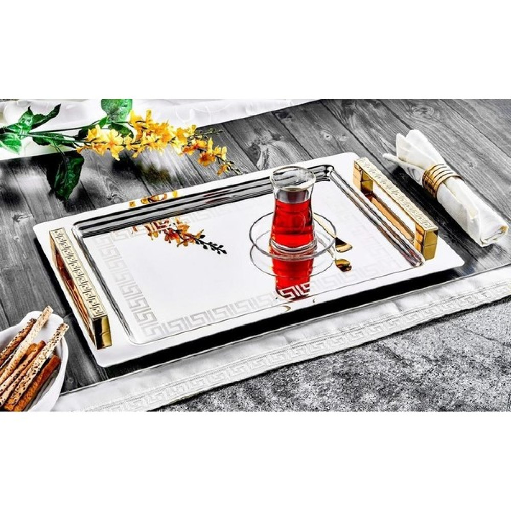 Özlife Eylül Gold & Çelik Versace Motif Dekor Büyük Boy Tepsi 377 Servis Tepsisi Fiyatı