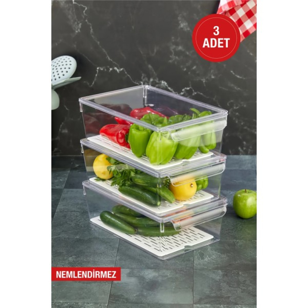 Özmen Home 3 Adet Süzgeçli Kapaklı Buzdolabı Düzenleyici Buzdolabı Içi Düzenleyici Organizer 10 x 32,5 x 20 cm - Beyaz - Şeffaf Saklama Kapları Fiyatı