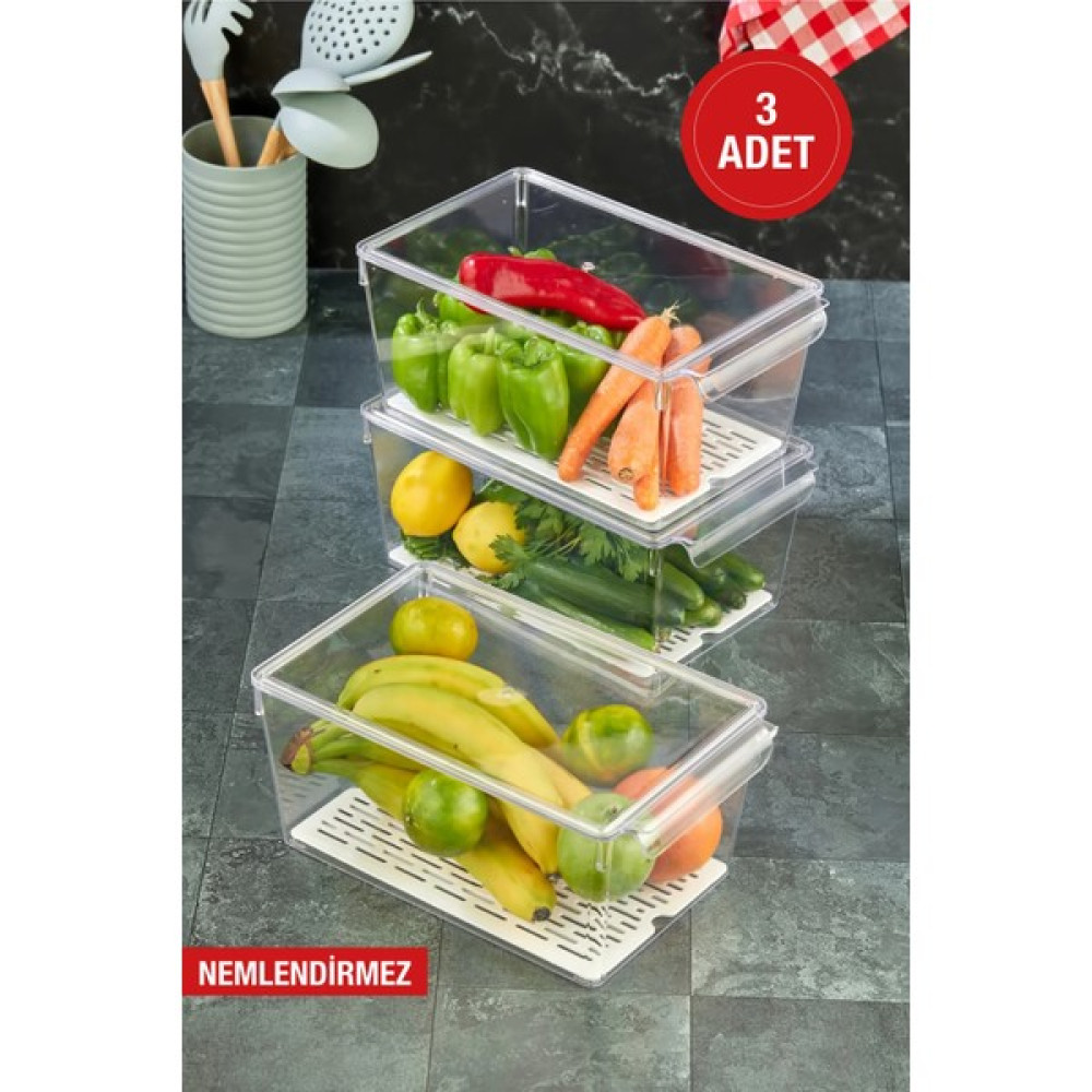 Özmen Home 3 Adet Süzgeçli Kapaklı Buzdolabı Düzenleyici Buzdolabı Içi Düzenleyici Organizer 14 x 32,5 x 20 cm - Beyaz - Şeffaf Saklama Kapları Fiyatı