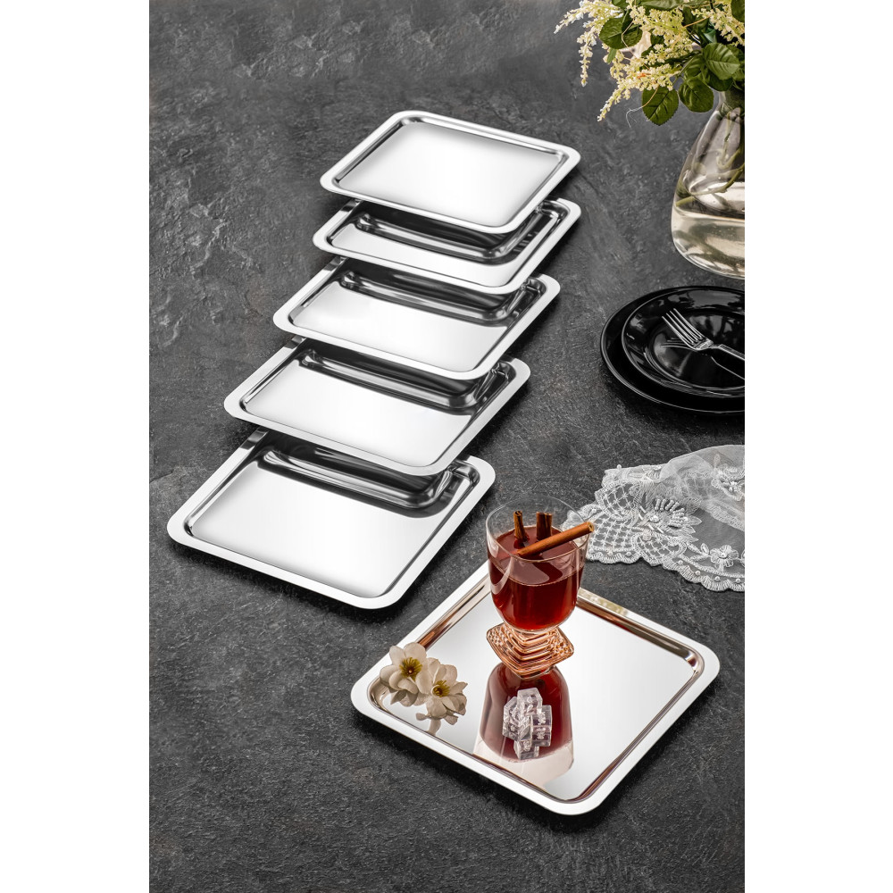ÖzSa Home 6lı Lüx Kare Paslanmaz Çelik Kahve Çay Ikram Ve Sunum Tepsisi Gümüş Renk 21x21cm Tepsiler / Fırın Kapları Fiyatı