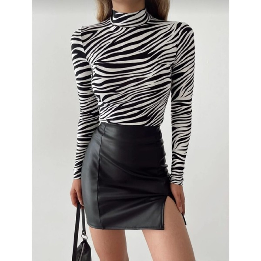 Ozy Fashion Kadın Zebra Desen Dik Yaka Uzun Kollu Bluz Bluz Fiyatı