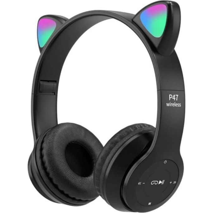 P47M Bluetooth 5.0 LED Işıklı Kedi Tasarımlı Katlanabilir Kulak Üstü Kulaklık Siyah Bluetooth Kulaklık Fiyatı