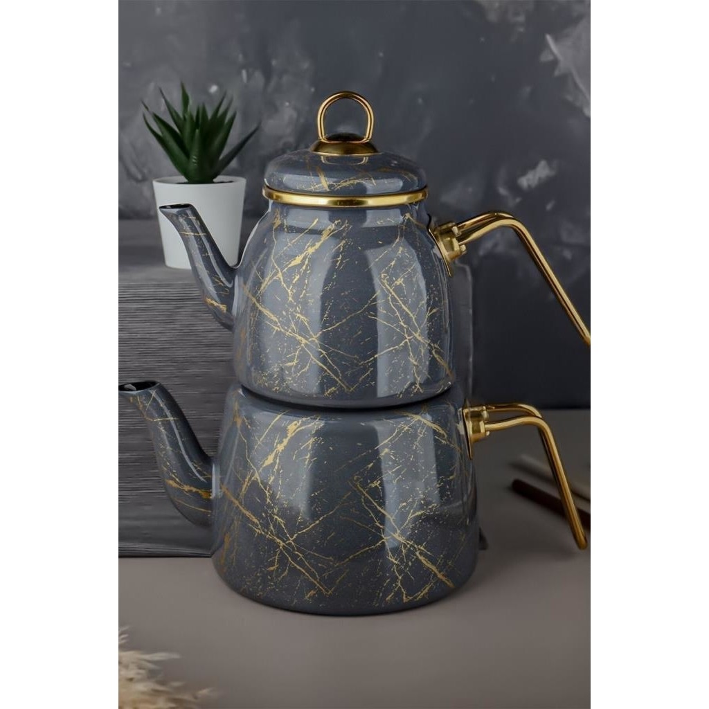 Paçi Elite Class Gri Kırık Mermer Desenli Çaydanlık Emaye Malzeme 1 Adet 1.1 Litre Üst 2.1 Litre Alt Çay / Çaydanlık Setleri Fiyatı
