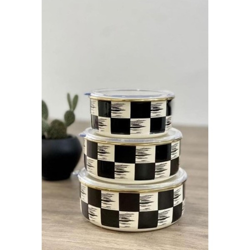 Paçi Kitchen Dama Desen Siyah-Krem Emaye 3 Lü Saklama Kabı 14/16/18 cm Saklama Kapları Fiyatı