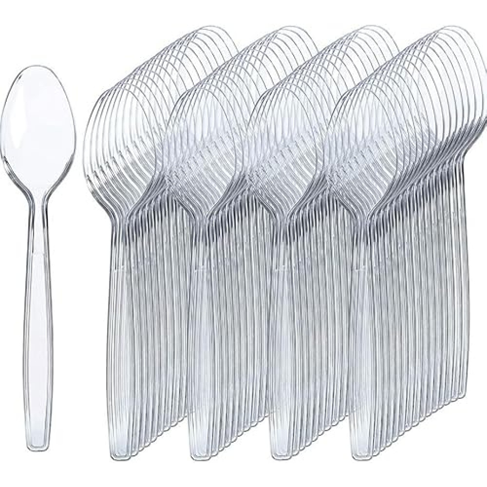 Pack of 50 Heavy-Duty Clear Reusable Spoons – Premium Washable Cutlery, Reuseable Plastic Tablespoons for Everyday Dining, Parties, Events & Catering – Eco-Friendly Alternative to Disposable Utensils