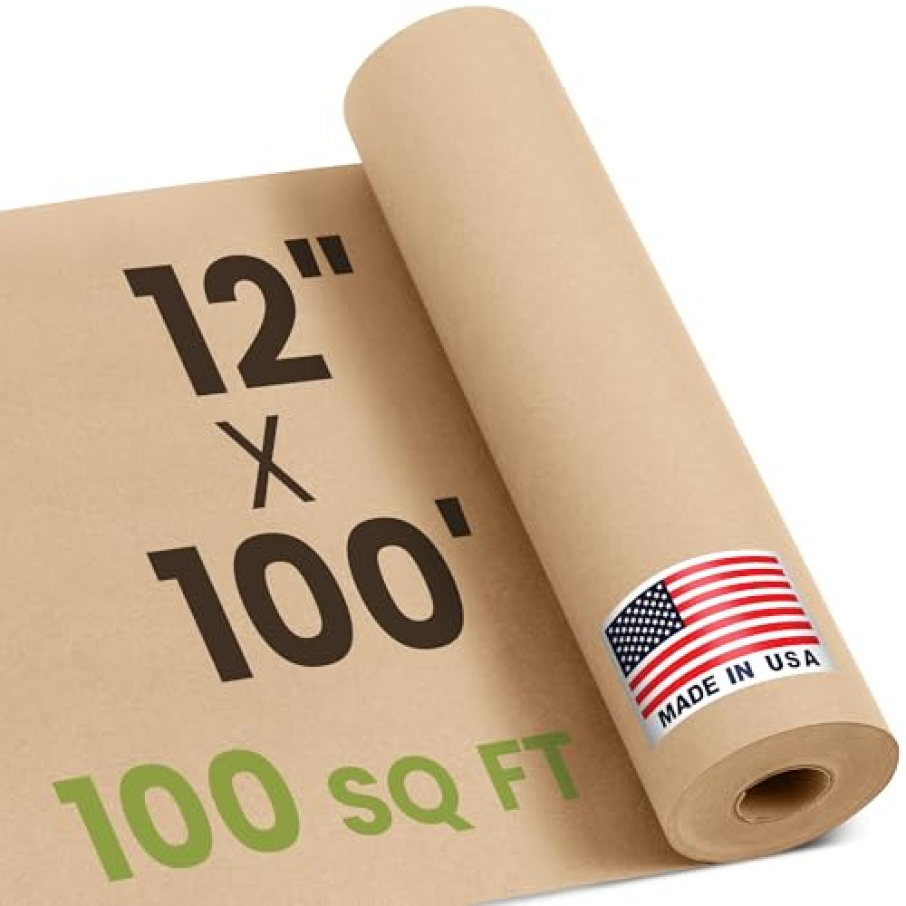 Paclord 12" x 1200" (100 ft) Natural Kraft Paper Roll – USA Made Non-Toxic, Odorless, 100% Recyclable Brown Wrapping Paper for Shipping, Packaging, Crafting & Gift Wrapping