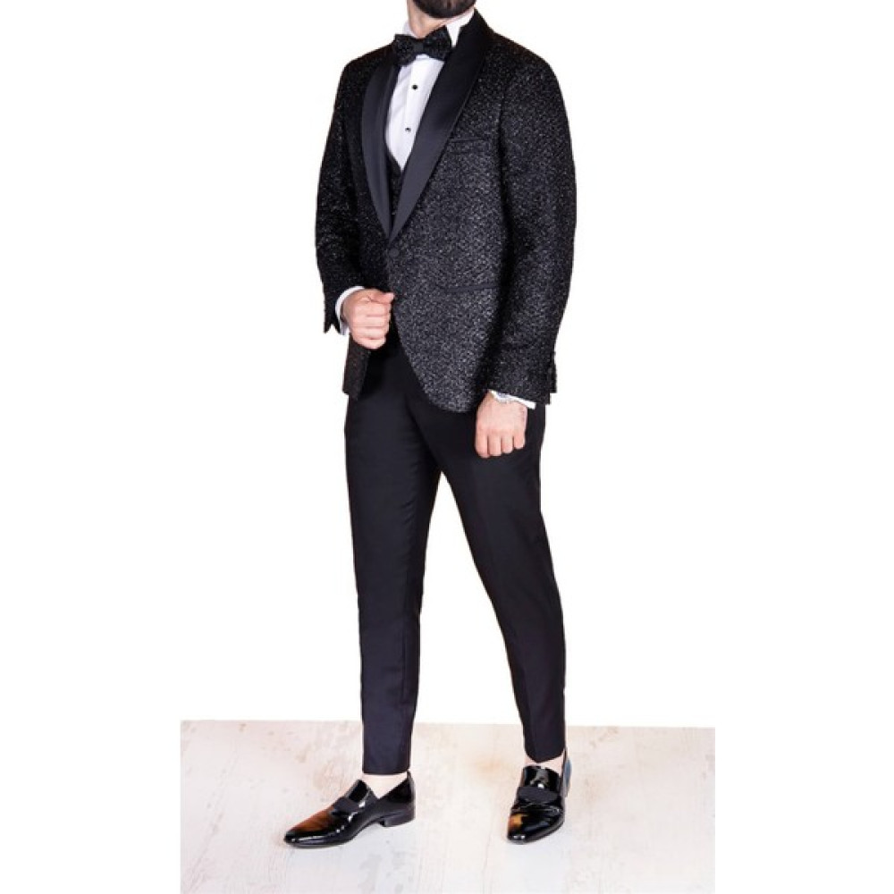 Paco Romano Erkek Slim Fit Damatlık Smokin Şal Yaka Siyah Yelekli Kombin Takım Elbise Erkek Takım Elbise Fiyatı