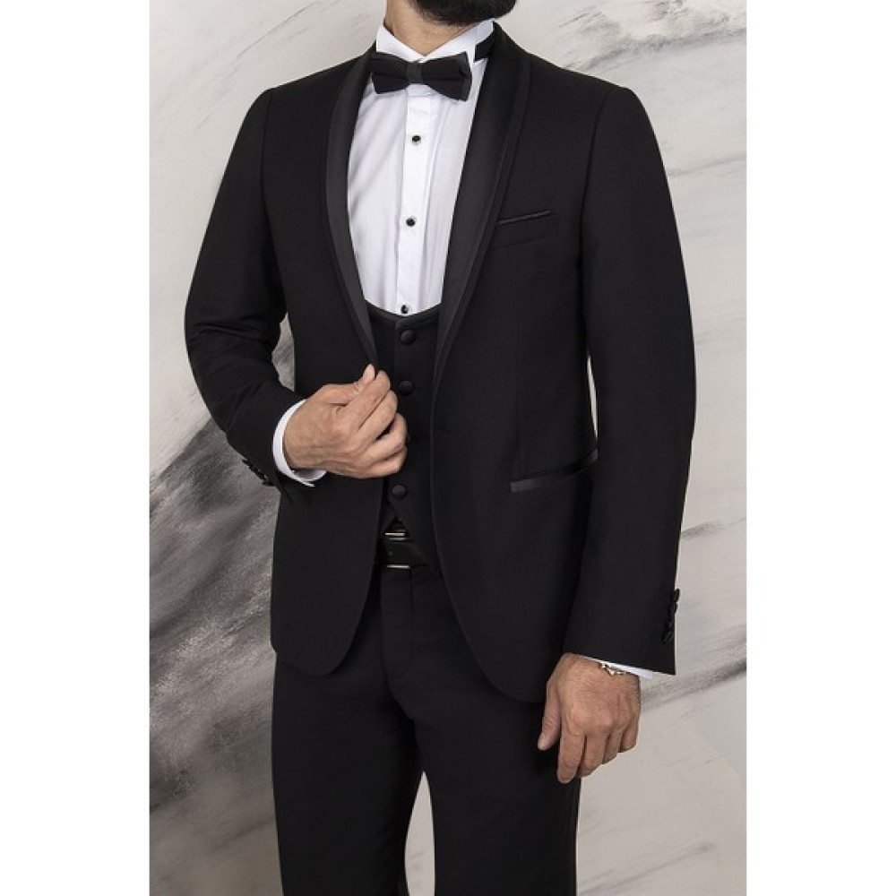 Paco Romano Erkek Slim Fit Damatlık Smokin Şal Yaka Siyah Yelekli Takım Elbise Erkek Takım Elbise Fiyatı