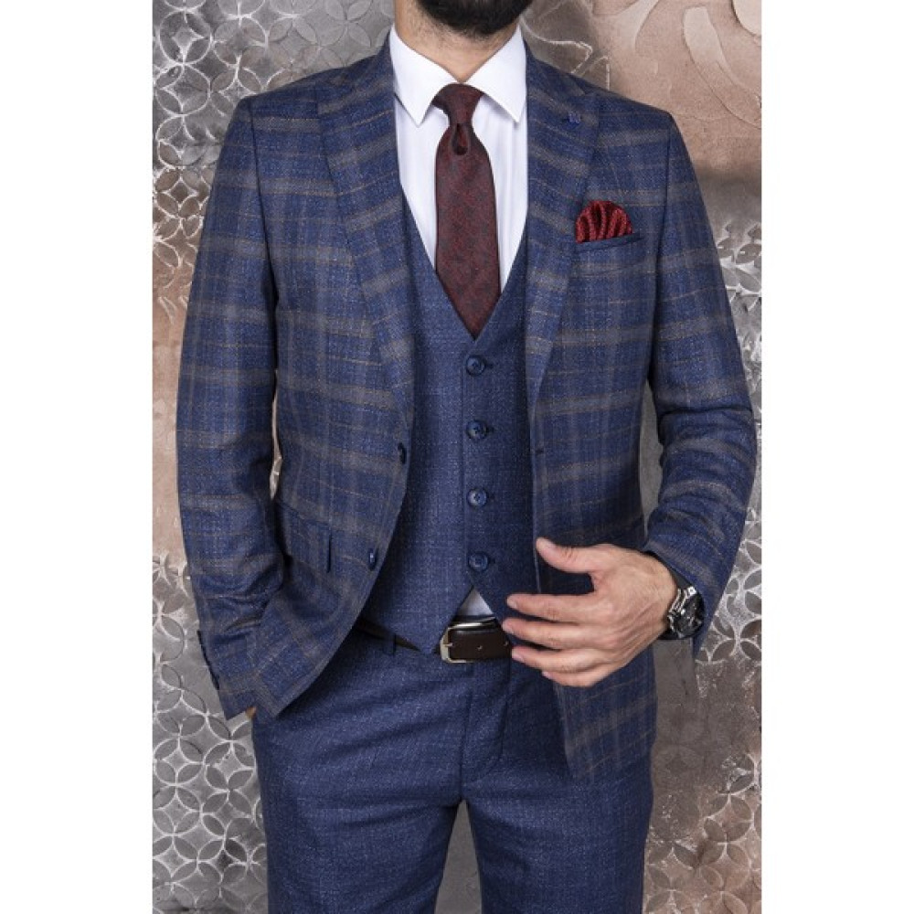 Paco Romano Erkek Slim Fit Sivri Yaka Açık Lacivert Ekose Kombin Yelekli Takım Elbise Erkek Takım Elbise Fiyatı