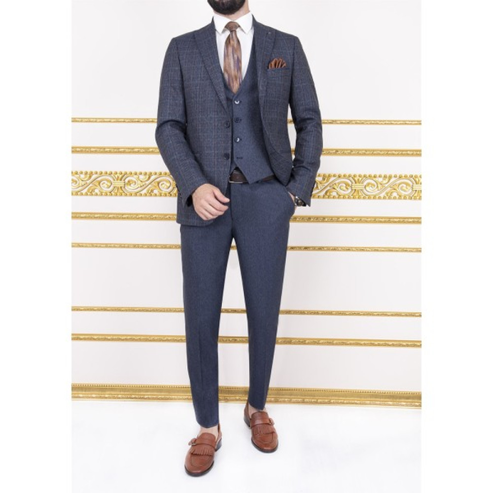 Paco Romano Erkek Slim Fit Sivri Yaka Koyu Lacivert Ekose Yelekli Kombin Takım Elbise Erkek Takım Elbise Fiyatı