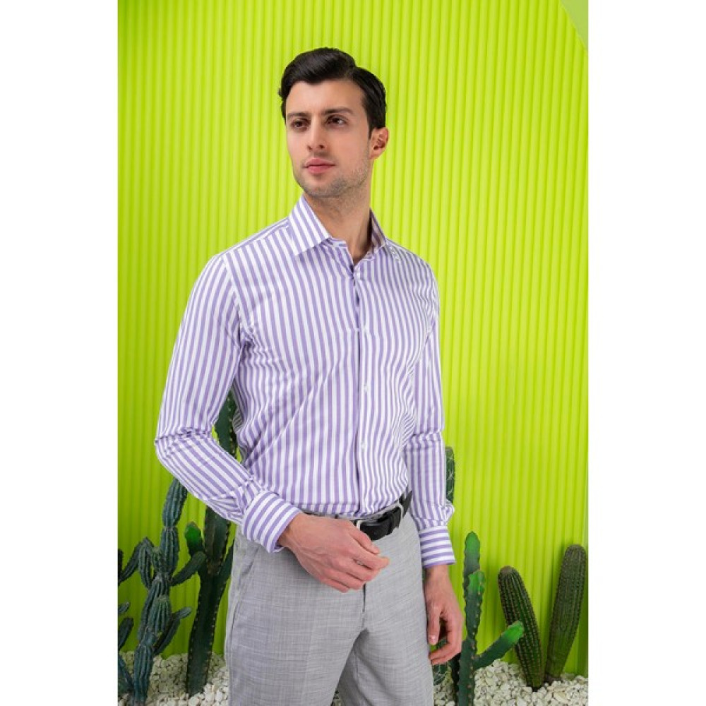 Paco Romano Erkek Slim Fit Uzun Kol Arkası Pensli 6 Drop Beyaz Lila Çizgili Gömlek Erkek Gömlek Fiyatı