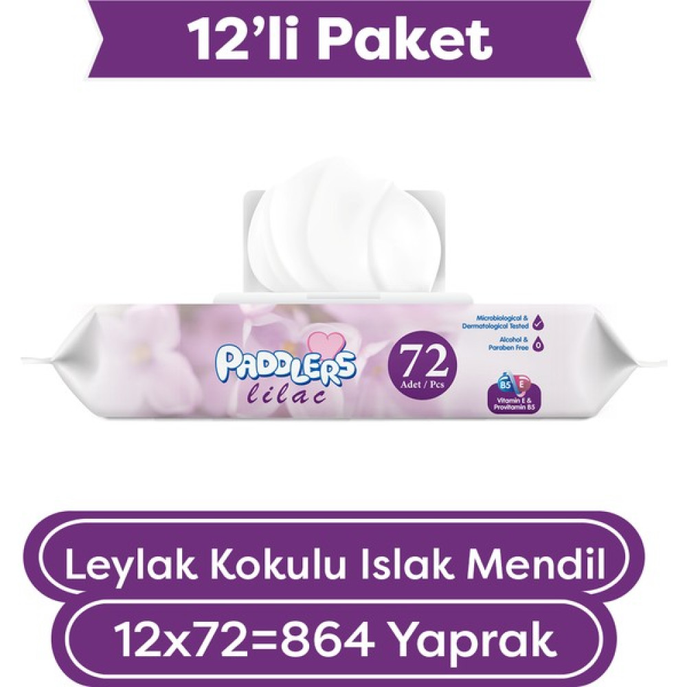 Paddlers Leylak Kokulu Islak Mendil 12X72'li Koli (864 Yaprak) Bebek Bakım Fiyatı