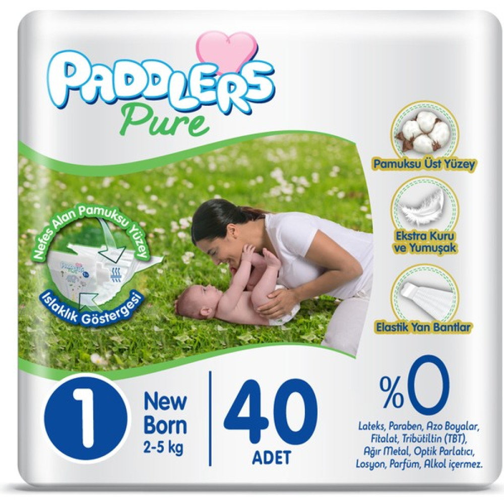 Paddlers Pure Bebek Bezi 1 Numara Yenidoğan 40 Adet (2-5 kg) Eko Paket Bebek Bezi Fiyatı
