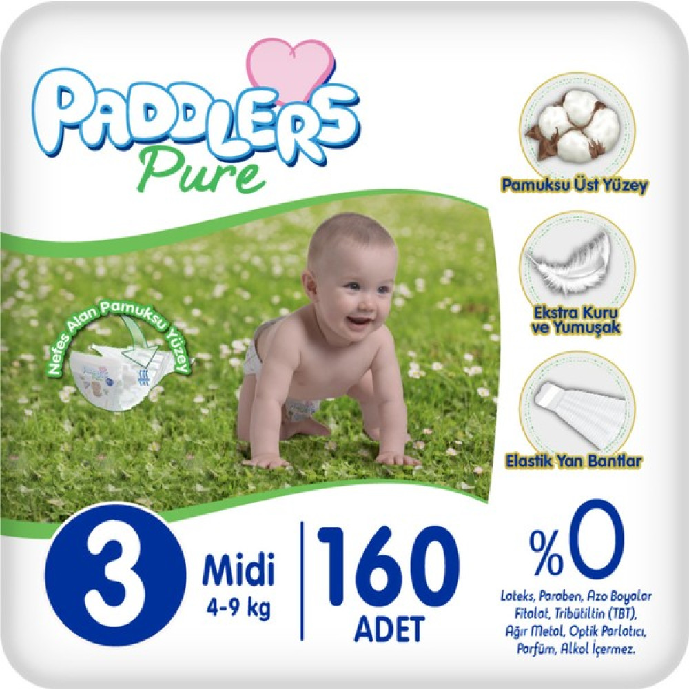Paddlers Pure Bebek Bezi 3 Numara Midi 160 Adet (4-9 Kg) Ekstra Aylık Paket Bebek Bezi Fiyatı