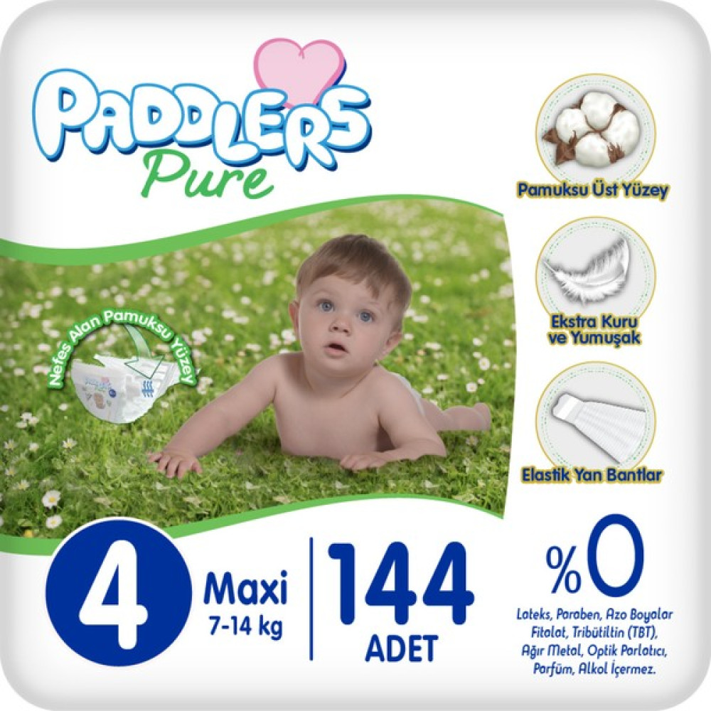 Paddlers Pure Bebek Bezi 4 Numara Maxi 144 Adet (7-14 Kg) Ekstra Aylık Paket Bebek Bezi Fiyatı