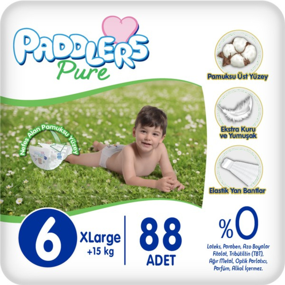 Paddlers Pure Bebek Bezi 6 Numara X-Large 88 Adet (15+ Kg) Ekstra Aylık Paket Bebek Bezi Fiyatı