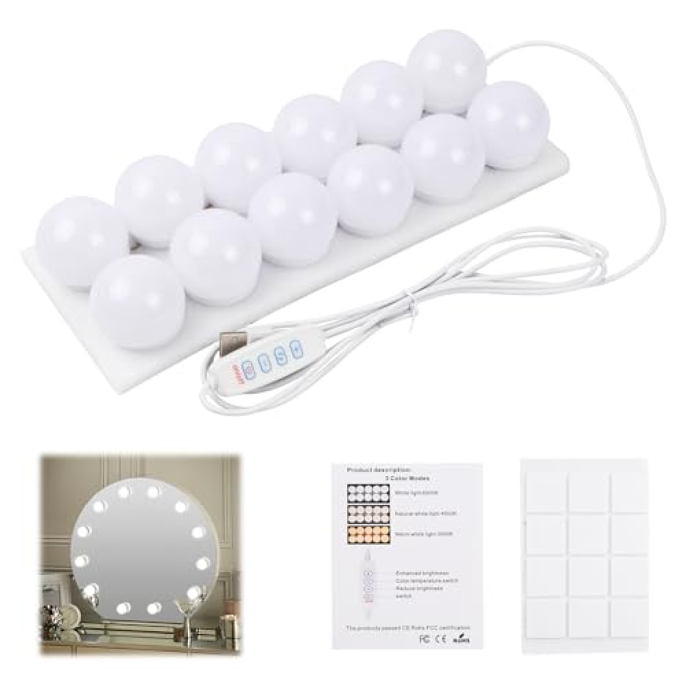 Pagezol Vanity Mirror Lights Kits, 12 Bulbs Hollywood Style LED Makeup Lights with USB Cable, 3 Colour Changing & 9-Level Brightness, Make up Light for Dressing Table Room, Bathroom